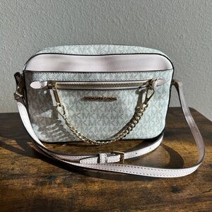 Michael Kors Light Pink & Cream Logo Crossbody with Gold Chain